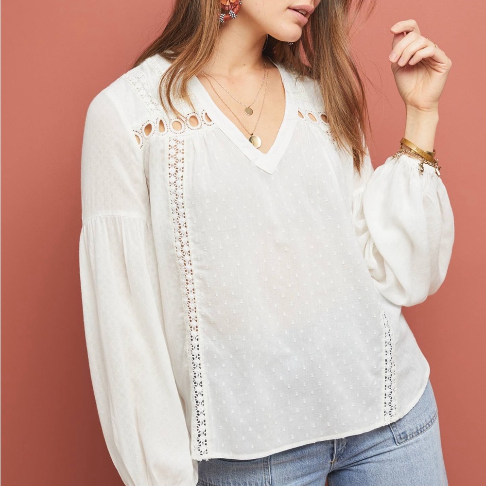 Anthropologie White Blouse with Eyelet Details